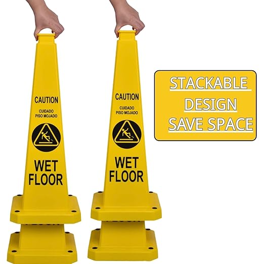 BESEA Caution Wet Floor Sign 6 Pack, 28" Heavy Duty Safety Cone with Weighted Base, Yellow 4-Sided Bilingual Warning Sign, Non-Slip Floor Safety Cone for Restaurants, Stores, Schools, Hotels