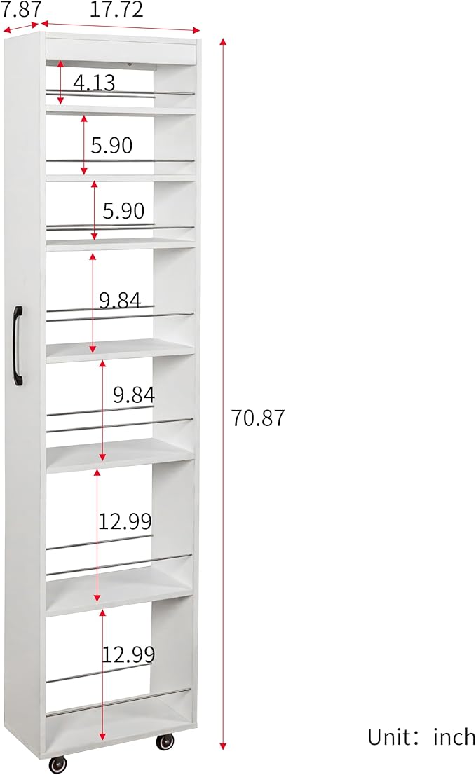 7-Tier Slim Rolling Pantry Storage Cart, Storage Shelving Rack Next to Fridge Mobile Shelving Unit Space-Saving Narrow Pull-Out Utility Cart for Kitchen Bathroom Laundry Narrow Places, White