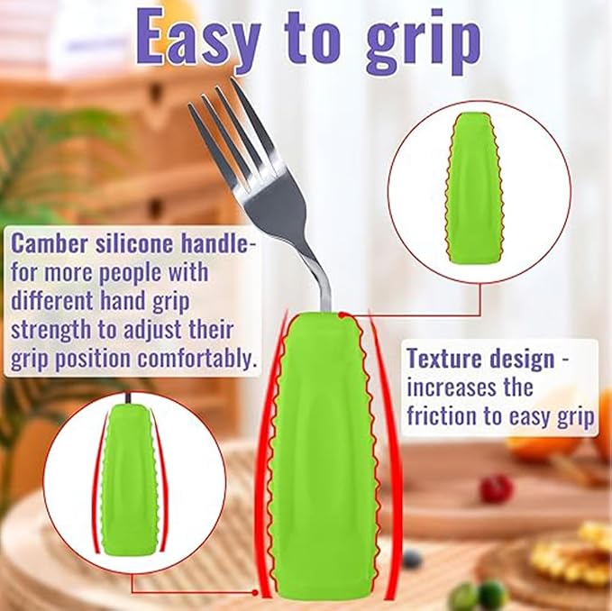 Adaptive Utensils,Weighted Angled Silverware,Parkinsons Aids,Curved Non-Slip Easy Grip Spoon and Fork Set for Tremors,Disabled,Handicap,Elderly,Arthritis (Right Hand,Pack of 2,Green)