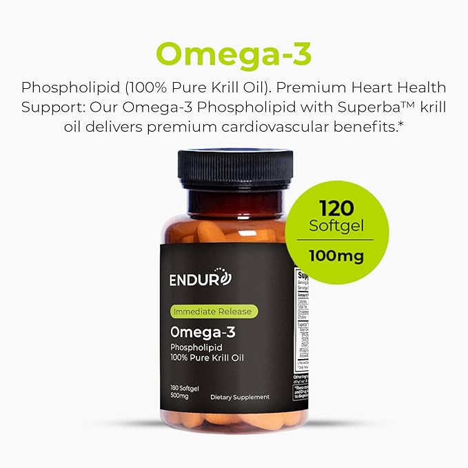 Endur Omega-3 Phospholipid (100% Pure Krill Oil), Heart Health Supplement, Formulated for Optimal Absorption, Gluten Free, 500mg (180 Softgels)