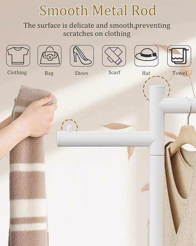 Garment Rack, Freestanding Metal Coat Racks, Z-shaped Coat Tree with Natural Rock Base, Suitable For Outerwear, Clothes, Handbags, 175cm, White