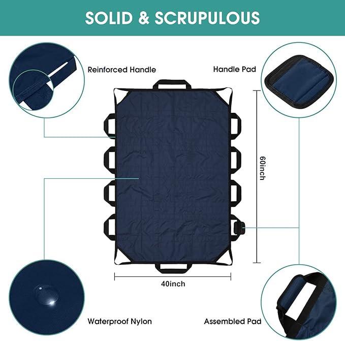 60" x 40" Positioning Bed Pad with Handles Washable Draw Sheets for Hospital Bed Ridden Patient Clothes Waterproof Glide Sheets for Patients Moving Pad for Lifting &Transfer Sheet Nylon, Blue