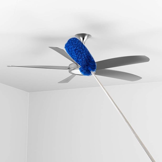 Cobweb Duster with Extension Pole, Washable Cleaning Duster Kit with 2 Duster Heads, Cobweb Duster, Corner Brush, Aluminum Telescoping Pole for Ceiling Fan (Blue)