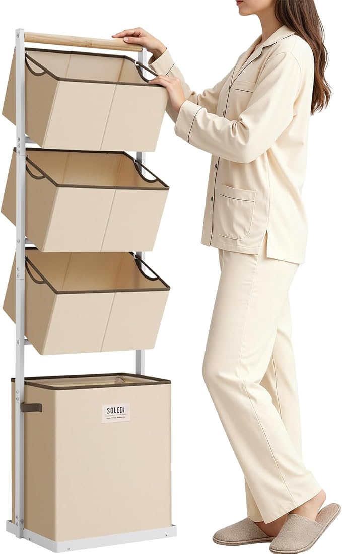 SOLEDI 4 Section Laundry Hamper Sorter, Stackable Laundry Basket Organizer with Removable Basket, 125L 4-Tier Vertical Laundry Sorter for Small Space, Laundry Room, Dorm, Bathroom, Wardrobe Beige