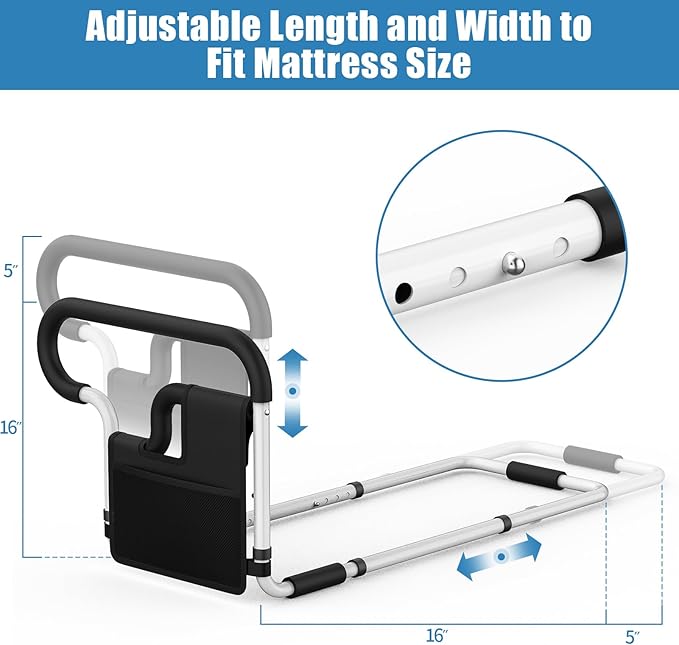 Bed Rails for Elderly Adults Safety: Adjustable Bedside Assist Bar for Seniors - Side Bed Railing Handle Support Guard - Bedrails Slides Under Mattress Fit King Size Queen Full Twin Beds