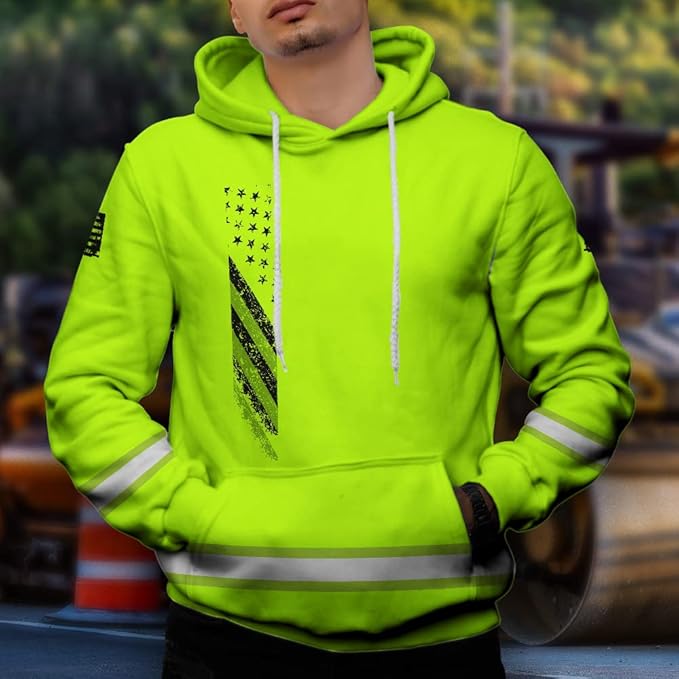 US Flag High Visibility Hoodie for Men Reflective Hoodie Safety Workwear for Worker Runner Patriotic ACC02