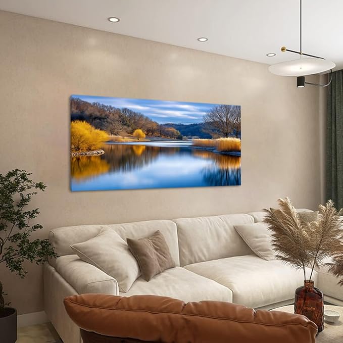 Beautiful Yellow Forest Park Wall Art for Living Room Office Calm Lake Blue Painting Prints Nature Autumn Canvas Artwork Over The Couch Bedroom Decor Large