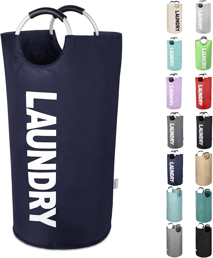 Large Laundry Basket Collapsible，Freestanding Clothes Hamper Bag with Handles – Tall Folding Dirty Laundry Bin，Sturdy Laundry Sorter for College Dorm，Laundry Room – 95L (Navy Blue)