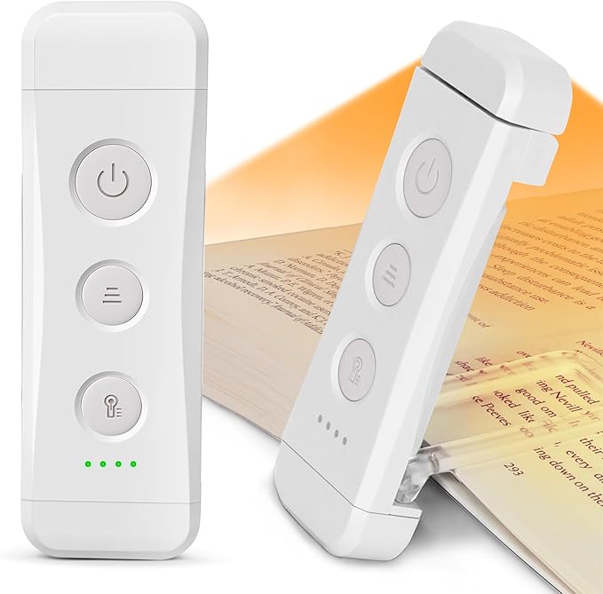 Glocusent USB Rechargeable Book Light for Reading in Bed, Portable Clip-on LED Reading Light, 3 Amber Colors & 5 Brightness Dimmable, Compact & Long Lasting, Perfect for Book Lovers (White-Pro Max)