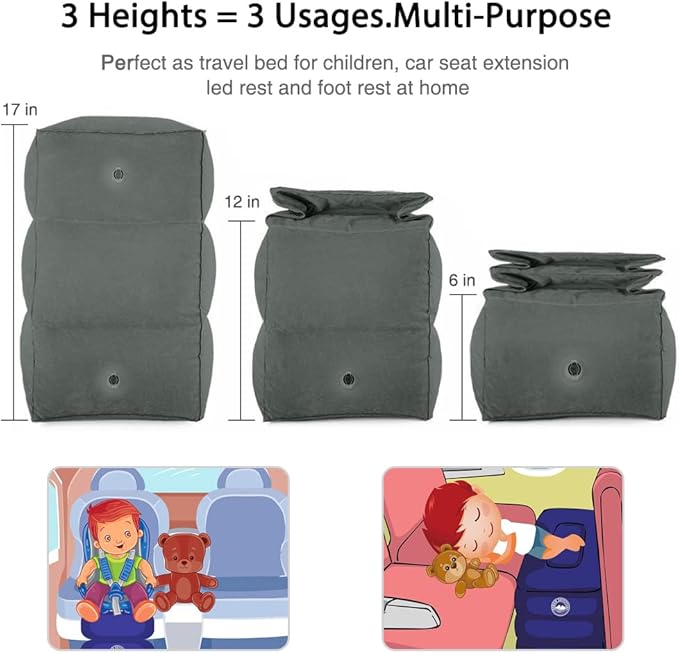 Travel Foot Rest Pillow, Portable Inflatable with Double Hand Pump Adjustable Three Layers Height Pillow for Foot Rest on Airplanes,Cars,Buses,Trains,Office Kids to Sleep on Long Flights (dark gray 2)