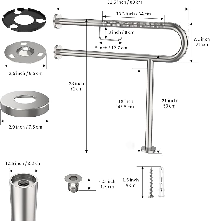 Toilet Grab Bar with Leg 31.5x28 Inch, ZUEXT Brushed Nickel Knurled Toilet Support Bar with Toilet Paper Holder,Stainless Steel Wall & Floor Mounted Bathroom Support Rail for Elderly Disabled Pregnant