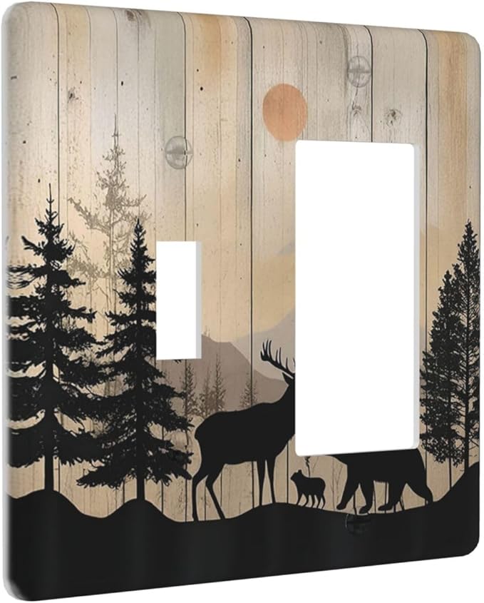 Outlet Covers Wood Board Wildlife Cute Bear Deer Forest Rustic 1 Toggle 1 Rocker Combination Decorative Wall Plate Electrical Switch Plates Light Switch Cover Plate for Bathroom Farmhouse