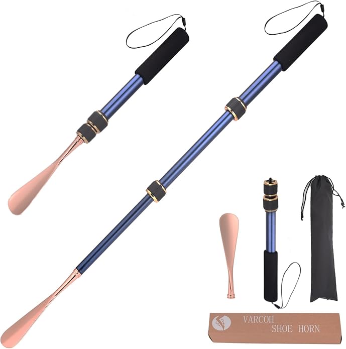 VARCOH Shoe Horn Long Handle for Seniors, 17"-30" Adjustable Aluminum Alloy Long Shoe Horn, Portable Telescopic Shoehorn Design with Blue and Gold Finish, Durable and Elegant, Travel & Home Use