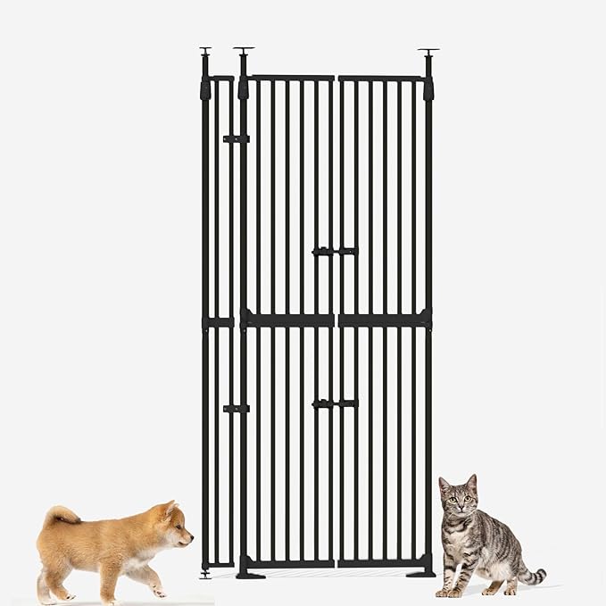 74.8"-90.5" Extra Tall Cat Gate for Doorway, Auto‑Close, No‑Drill Pressure‑Mount with 3 Support Pillars & Double‑Door, Fits 30.3–38.2″ Openings, 1.37″ Narrow Gap, Extension Kit Included, Black