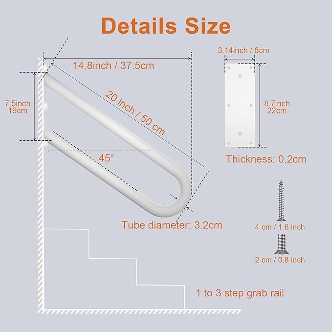 20 inch Stainless Steel Handrail for 1-3 Steps- 1.25" Tube, ZUEXT U Shaped Oil Rubbed White Safety Grab Bar for Stairs, Wall Mounted Hand Railing for Outdoor Garage Entry Interior Exterior Stairway