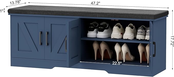 2-Tier Storage Bench, 47.2" Wide Shoe Bench with Padded Seat Cushion, Entryway Bench with 4 Barn Doors and Adjustable Shelf, Blue