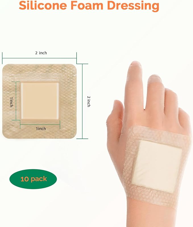 Silicone Foam Dressing 2x2 Inch with Border - 10 Pack Adhesive Waterproof Bandages for Wound - High Absorbency Big Foam Pad Bandaids - Medical Grade Wound Dressing
