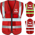 YOWESHOP High Visibility Safety Vest Custom Your Logo Protective Workwear 5 Pockets With Reflective Strips Outdoor Work Vest (3XL, Red Luminous)