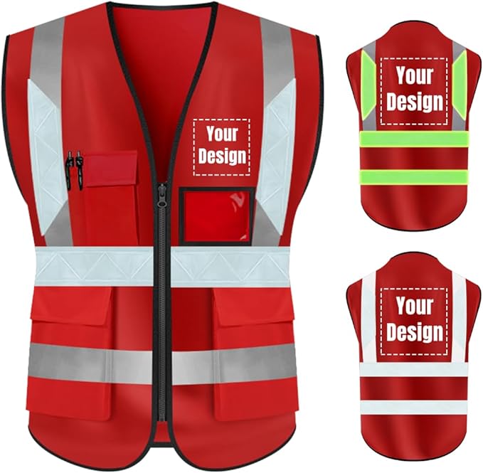 YOWESHOP High Visibility Safety Vest Custom Your Logo Protective Workwear 5 Pockets With Reflective Strips Outdoor Work Vest (2XL, Red Luminous)