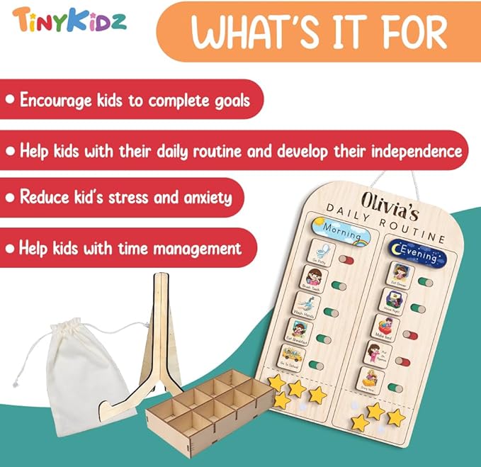 Wooden Chore Chart for Kids Visual Schedule, Routine Chart for Kids, Morning Bedtime Routine Chart for Toddlers Ages 2-4, Daily Kids Schedule Board for Home (19)