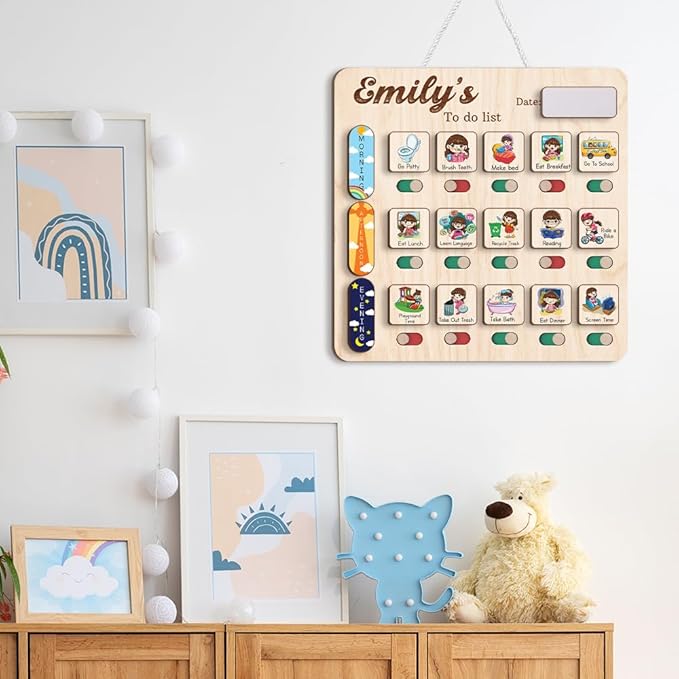 Wooden Chore Chart for Kids Visual Schedule, Routine Chart for Kids, Morning Bedtime Routine Chart for Toddlers Ages 2-4, Daily Kids Schedule Board for Home (14)