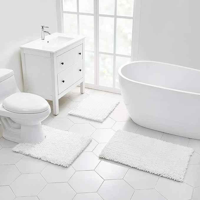 Walensee Bathroom Rug 2 Pieces Set Non Slip Bath Mat (20"x32" Plus 20"x24" U White) Water Absorbent Super Soft Shaggy Chenille Machine Washable Dry Extra Thick Perfect Carpet for Shower Floor