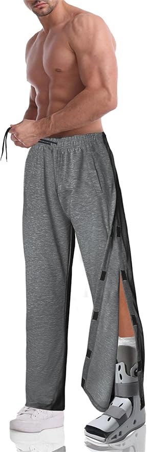 Men's Tearaway Pants for Post Surgery 2 Side Velcro Breakaway Open Bottom Sweatpants Women Loose Fit Rip Off Cotton Pants
