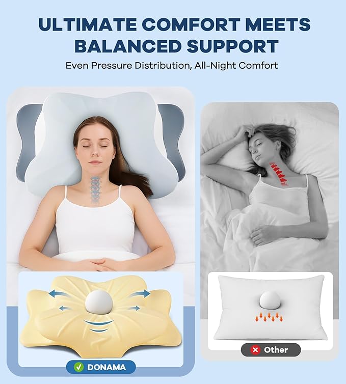 Cervical Pillow for Neck Pain Relief, Cooling Ergonomic Memory Foam Pillow with Ice Silk Pillowcase, Dual-Height Orthopedic Contour Support Pillow for Side,Back,Stomach Sleepers, CertiPUR-US Certified
