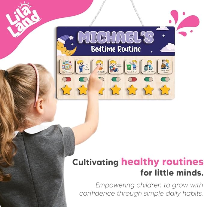 Wooden Chore Chart for Boys, Daily Routine Chart for Kids, Visual Schedule, Chore Reward Chart, Bedtime Morning Routine Chart for Toddlers (06)