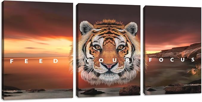 Motivational Wall Art, Inspirational Canvas Wall Art for Office, 3 Pieces Tiger Painting Posters Prints for Entrepreneur Living Room Bedroom Dorm(48''Wx24''H)