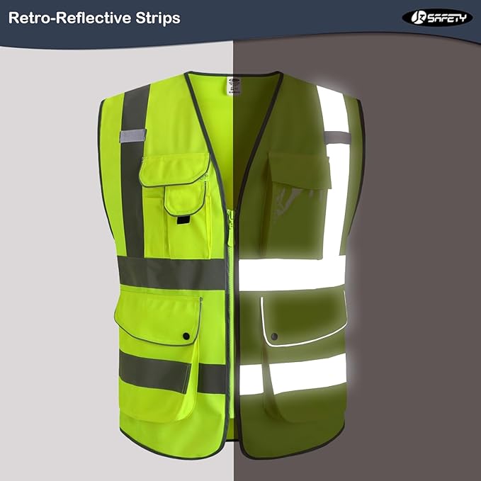 JKSafety 20 Pack 9 Pockets Class 2 High Visibility Zipper Front Safety Vest With Reflective Strips,Meets ANSI/ISEA Standard (2X-Large 156-Yellow)