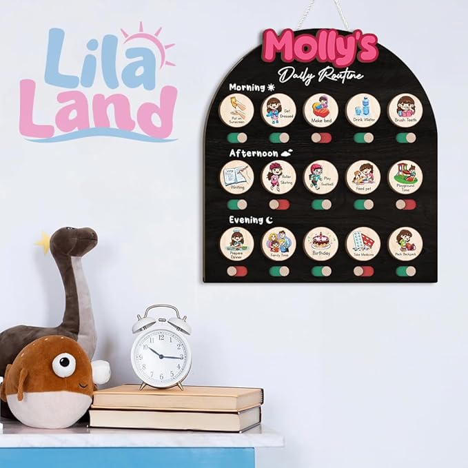 Personalized Wooden Chore Chart for Kids, Daily Routine Chart for Toddlers, Visual Schedule for Kids Age 3-5, Morning Bedtime Routine for Girls (08)