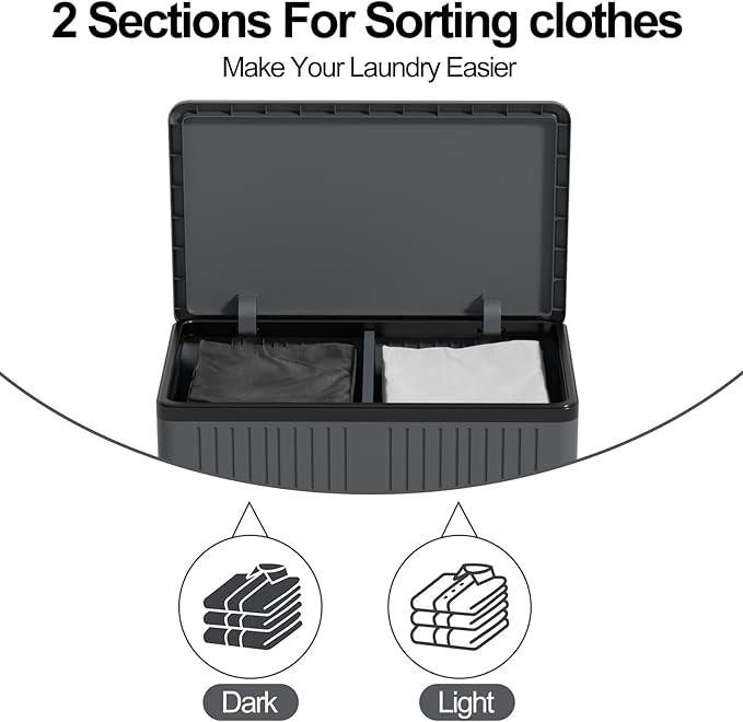 2 Section Collapsible Dirty Clothes Basket, 120 L Large Rolling Laundry Hamper with Lid, Plastic, Grey
