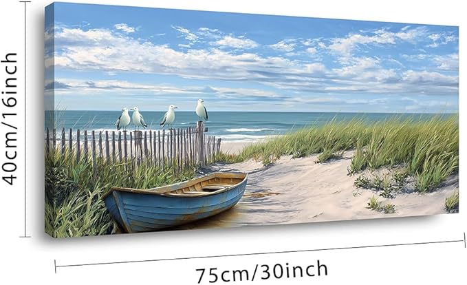 Coastal Blue Seascape Beach Sail Boat Wall Art for Living Room Office Scenic Landscape Art Deco Green Painting Prints Nature Summer Canvas Artwork Over The Couch Bedroom Decor