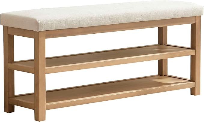2 Tier Shoe Rack Bench with Cushion, Solid Wood Shoe Benches, Mid-Century Modern Shoe Storage Bench for Entryway, Hallway, Living Room, Closet, Front Door Entrance, (Beige, 39.4")