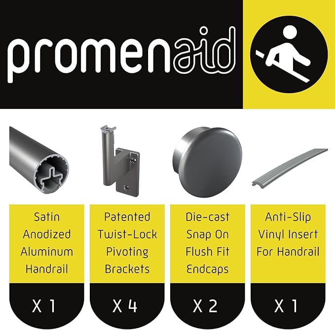 Promenaid 11ft Flush Handrail Kit - Champagne - Complete Indoor/Outdoor Handrail for Stairs - 1.6" Round Anodized Aluminum Railing with 4 Champagne Painted Pivoting Brackets & Flush Endcaps