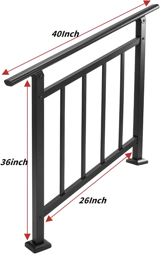 Metty Metal Handrails for Outdoor Steps Suitable for 1 to 3 Steps- Wrought Iron Stair Railing- Step Steady with 3 Feet Handrailing- Safe Indoor Home Banisters (Black)