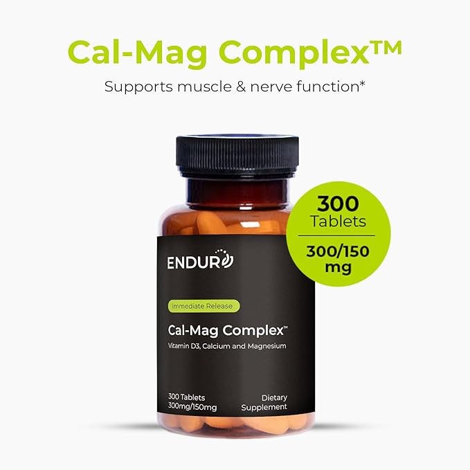 Endur Cal-Mag Complex, Bone & Heart Support for Active Lifestyles, Calcium and Magnesium with Vitamin D3, Gluten Free, 300 Tablets