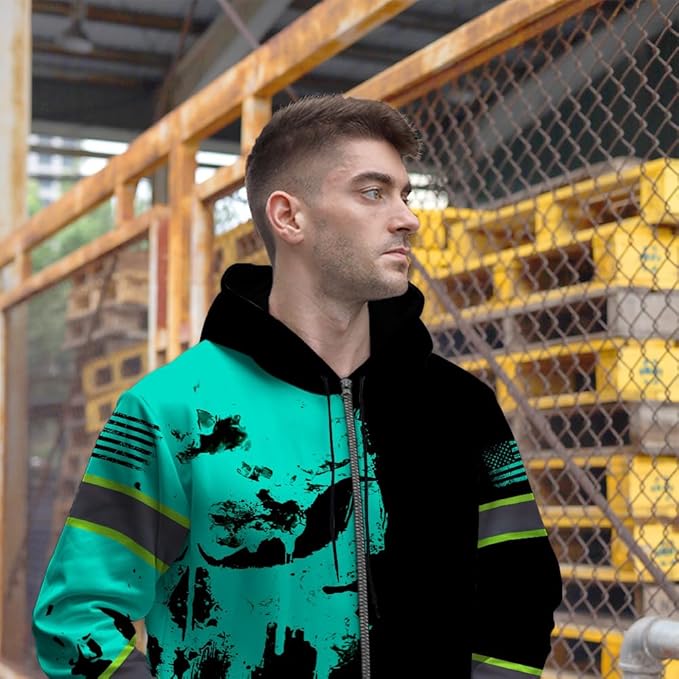Maddly Hi Vis Reflective Zip Up Hoodie, High Visibility Safety Jacket with Skull Design for runner, worker, trucker, cyclist