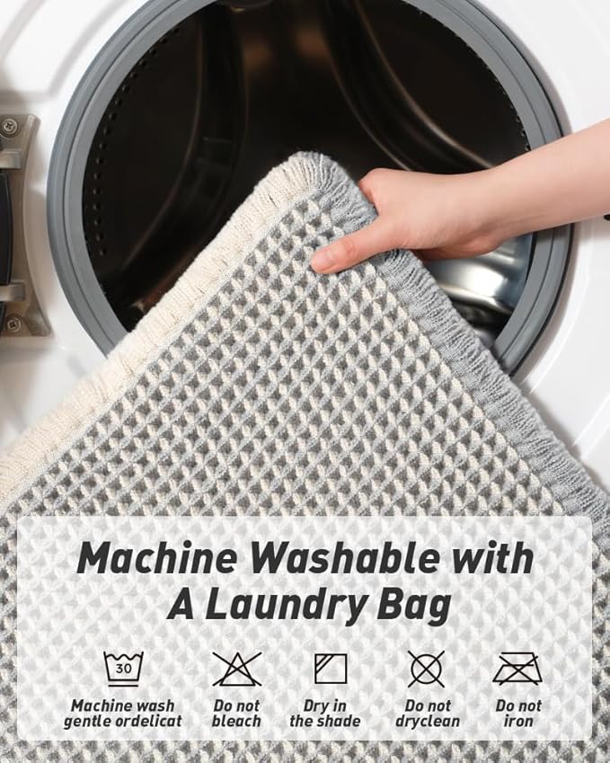 Upgraded Waffle Bath Mat, Super Absorbent Non Slip Bath Mats for Bathroom Floor, Machine Washable Bathroom Rugs with Tassels, Rubber Backed Bathroom Mats, Ultra Soft, 24" x 36",LightGrey & Cream