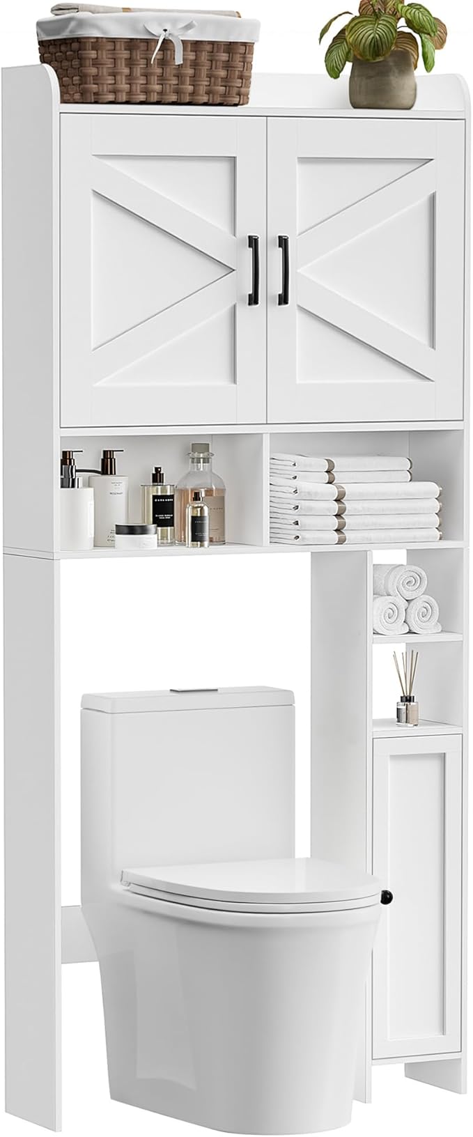 Homhedy Over The Toilet Storage Cabinet with 2 Barn Door and Toilet Paper Holder Stand, FreeStanding Toilet Shelf Space Saver, for Bathroom, Restroom, Laundry, White