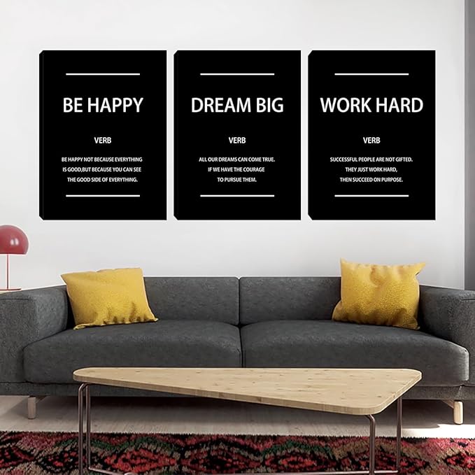 Unbruvo Motivational Office Wall Art, 3 Pieces Inspirational Canvas Wall Art, Dream Big Be Happy Work Hard Prints Poster Wall Decor for Living Room BedRoom Dorm(48" Wx24 H)