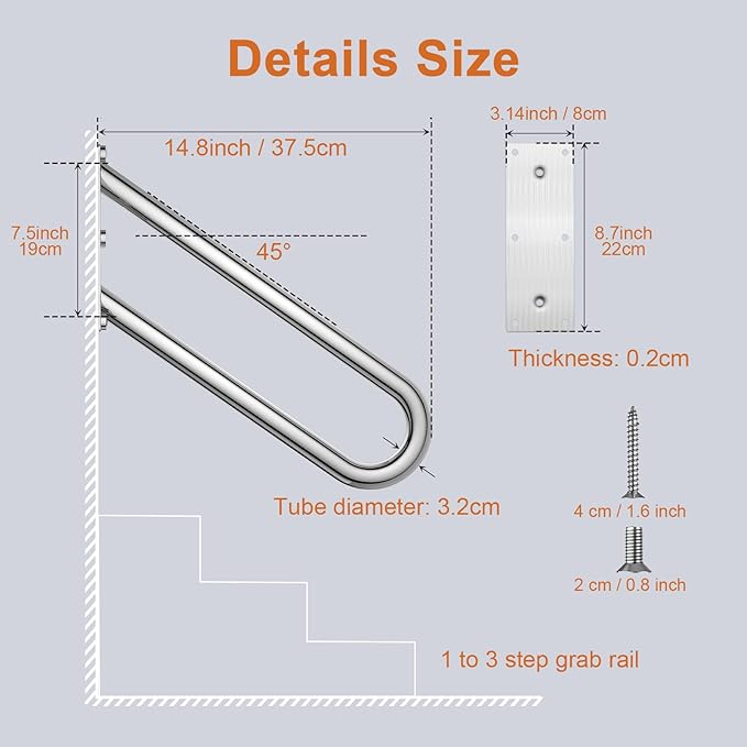 20 inch Stainless Steel Handrail for 1-3 Steps- 1.25" Tube, ZUEXT U Shaped Chrome Safety Grab Bar for Stairs, Wall Mounted Hand Railing for Outdoor Garage Interior Exterior Stairway