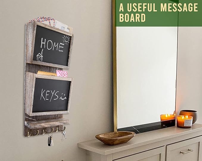 Rustic 2-Slot Mail Sorter Organizer for Wall with Chalkboard Surface & 3 Double Key Hooks - Wooden Wall Mount Mail Holder Organizer – Wall Décor for Entryway made of Paulownia Wood - Rustic White