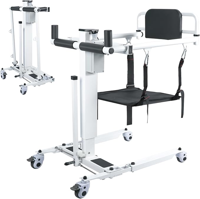 Drexo Patient Lift Transfer Chair, 5 in 1 Patient Lift Chair with 180°Split Seat, Height Adjustable Patient Transfer Chair with 4 Casters for Home Seniors Elderly, Load 450Lbs (Electric, Silver)