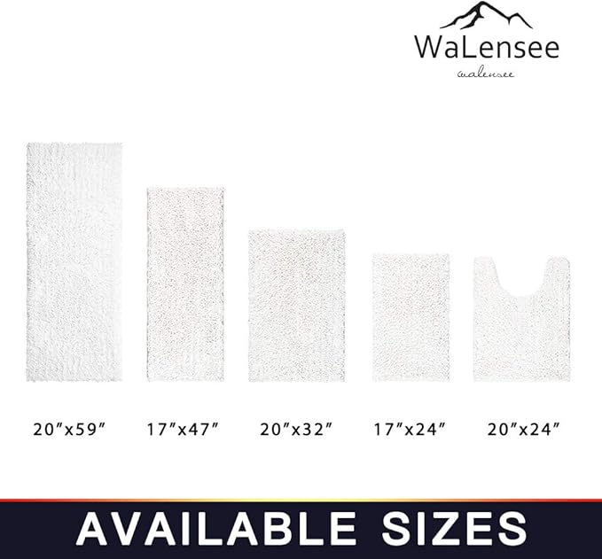 Walensee Bathroom Rug 2 Pieces Set Non Slip Bath Mat (20"x32" Plus 20"x24" U White) Water Absorbent Super Soft Shaggy Chenille Machine Washable Dry Extra Thick Perfect Carpet for Shower Floor