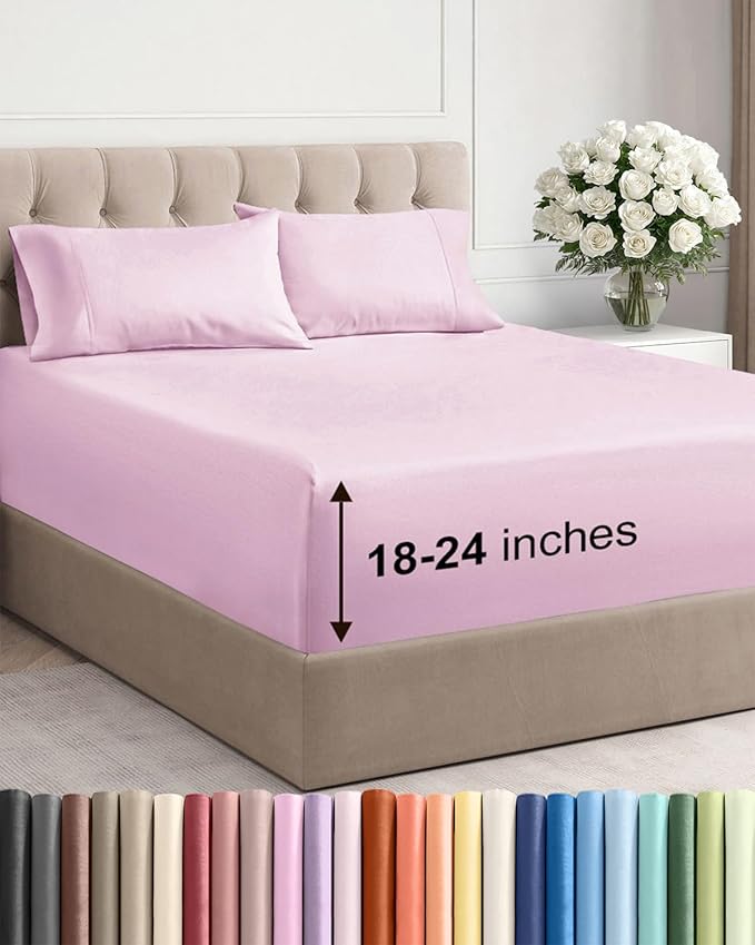 Extra Deep Twin Sheet Set - 4 Piece Breathable & Cooling Sheets - Hotel Luxury Bed Sheets Set - Easy & Secure Fit - Soft, Wrinkle Free & Comfy Sheets Set - Light Pink Sheet Set with Extra Deep Pockets