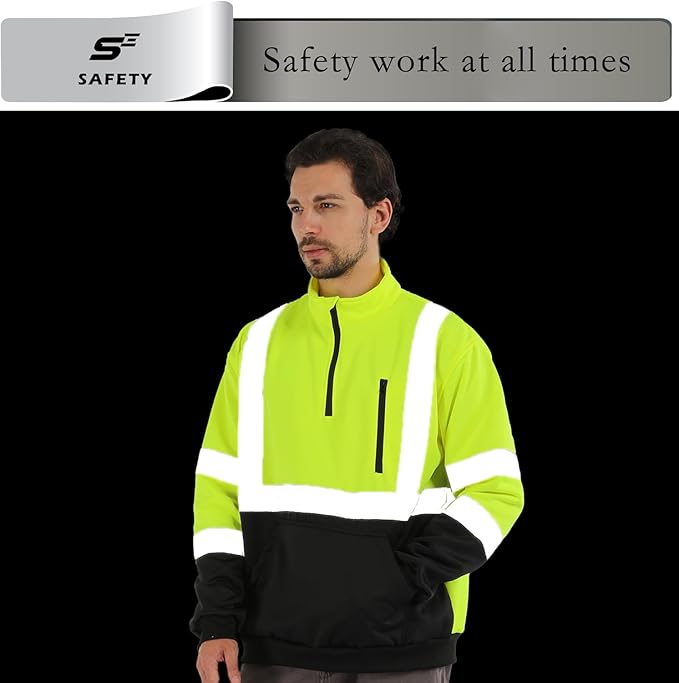 sesafety Work Safety Sweater High Visibility Construction,Class 3 Hi Vis Reflective Sweatshirt for Men,1/4 Zip,Pullover