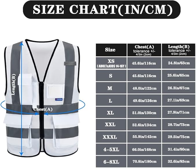 A-SAFETY Hi Reflective Safety Vest,Hi Vis Bright Neon Colors Safety Vest with 4 Reflective Strips 7 Pockets(White XXXL)