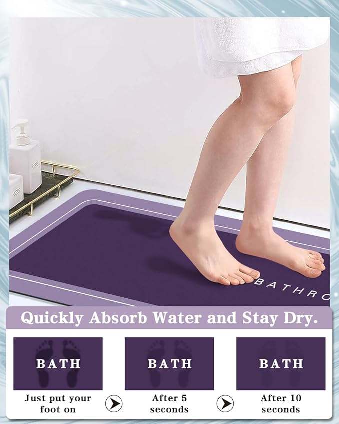 Bath Mat, Bathroom Mat Rugs Super Absorbent Shower Mats Non Slip Quick Dry Thin Rubber Mats for Bathroom Floor Fit Under Door, Shower Rug for Bathtub, Shower, Purple